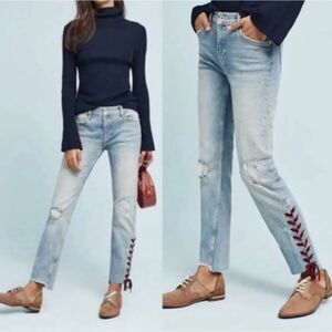 Anthropologie Pilcro Burgundy Velvet Lace Up Jeans Size 33